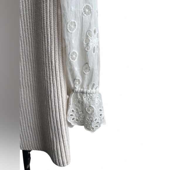 Rebecca Taylor Cream Ribbed Cotton & Silk W/Eyelet Puff Sleeve Sweater - Picture 6 of 10